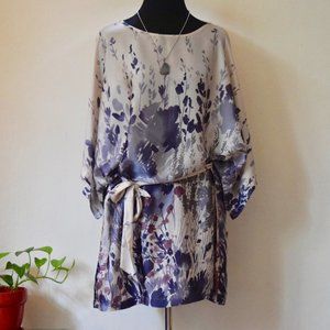 SISLEY oversized satin floral belted tunic dress S